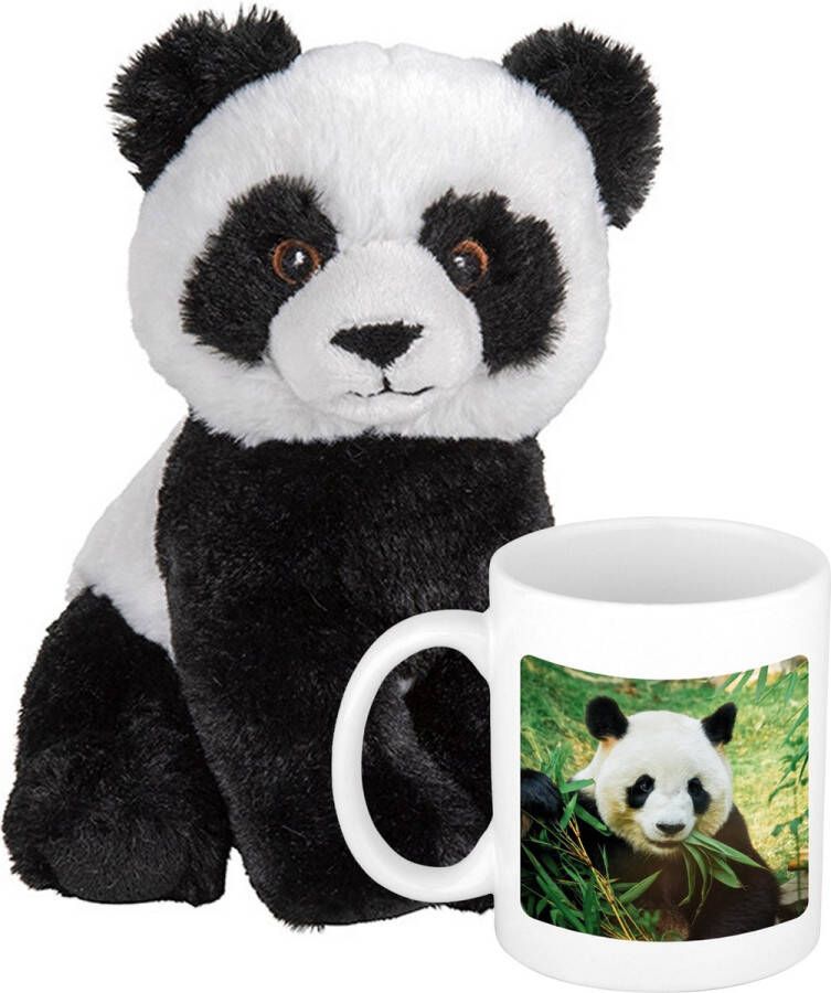 Nature Planet Cadeauset kind Panda knuffel 19 cm en Drinkbeker mol Panda 300 ml Knuffeldier