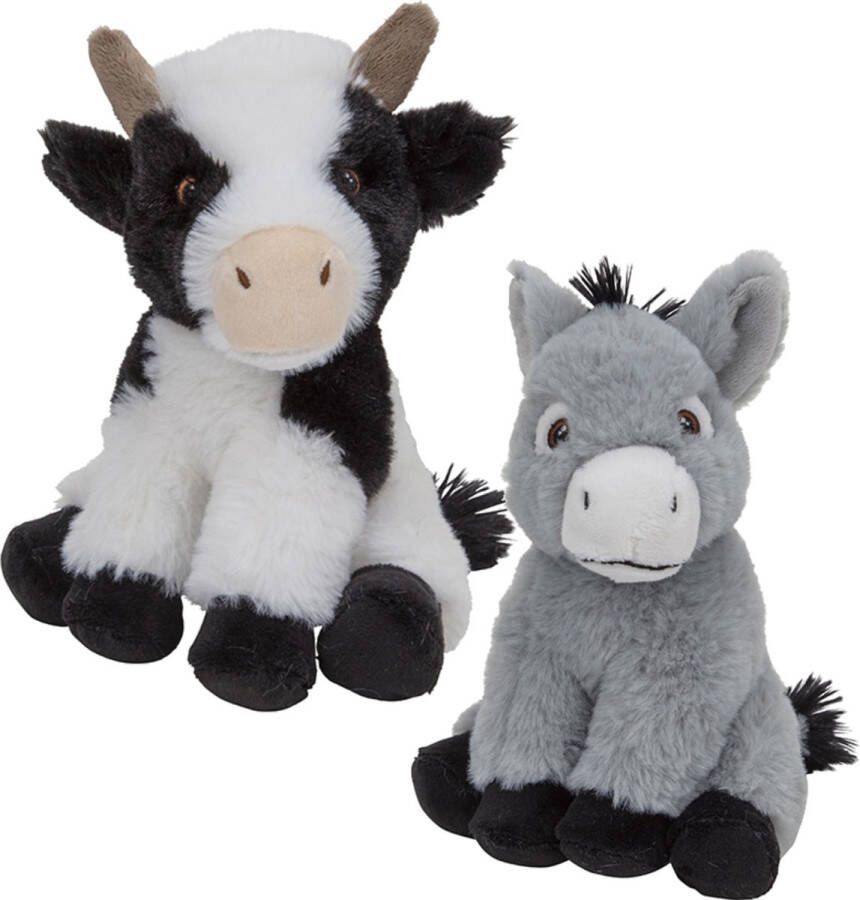 Nature Planet Pluche boerderijdieren knuffels Koe en Ezel setje van 23 en 16 cm Knuffel boederijdieren