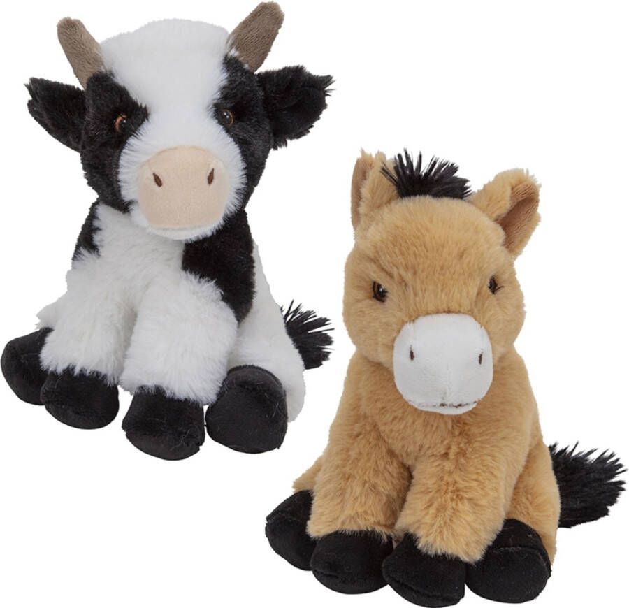 Nature Planet Pluche boerderijdieren knuffels Koe en Paard setje van 19 en 17 cm Knuffel boederijdieren