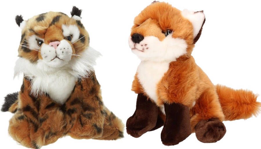 Nature Planet Bosdieren zachte pluche knuffels 2x stuks Lynx en Vos van 18 cm Knuffel bosdieren