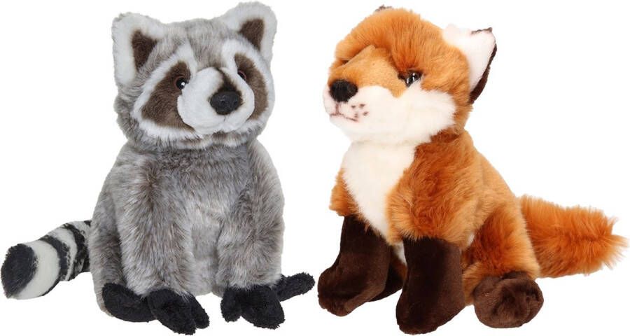 Nature Planet Bosdieren zachte pluche knuffels 2x stuks Wasbeer en Vos van 18 cm Knuffel bosdieren