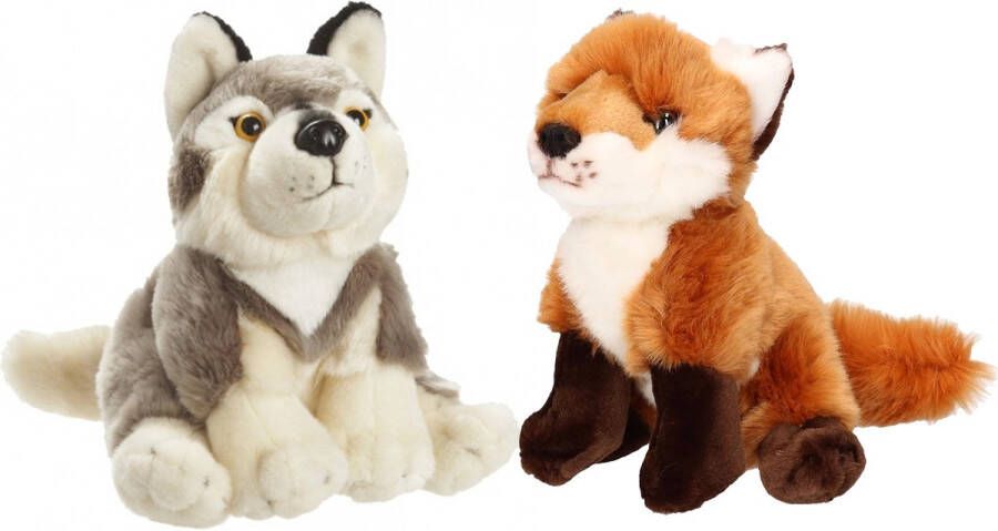 Nature Planet Bosdieren zachte pluche knuffels 2x stuks Wolf en Vos van 18 cm Knuffel bosdieren