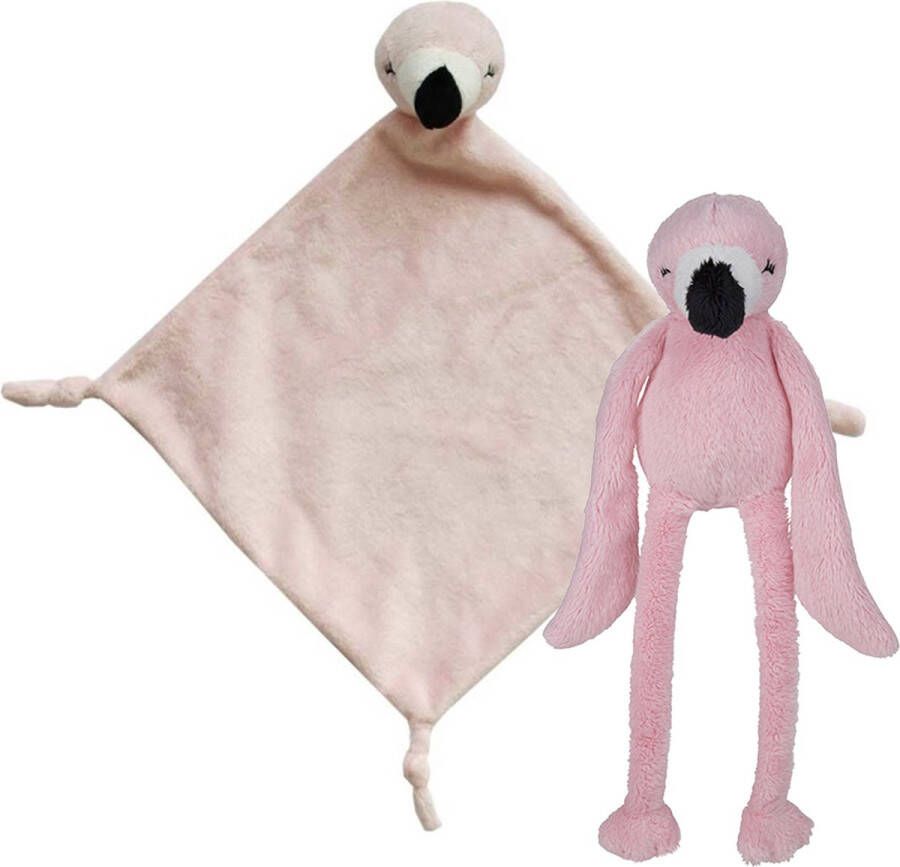 Nature Planet Pluche dieren setje Roze flamingo knuffel van 33 cm en tutteldoekje 40 cm Knuffeldier