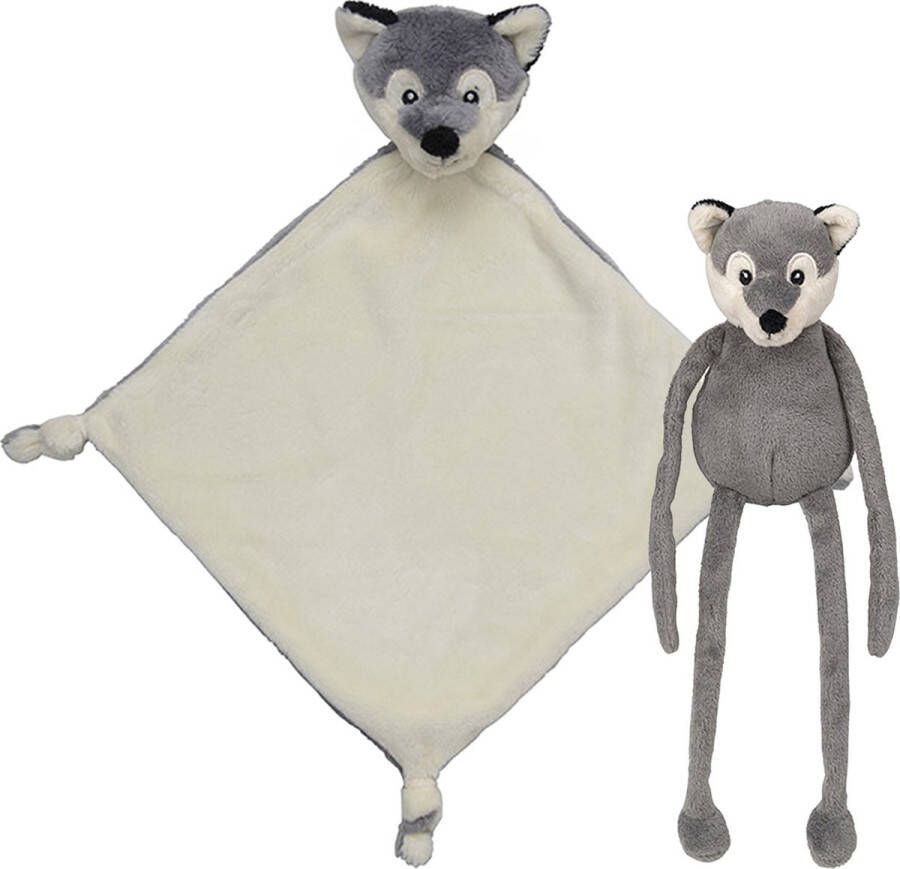 Nature Planet Pluche dieren setje Wolf knuffel van 33 cm en tutteldoekje 40 cm Knuffeldier