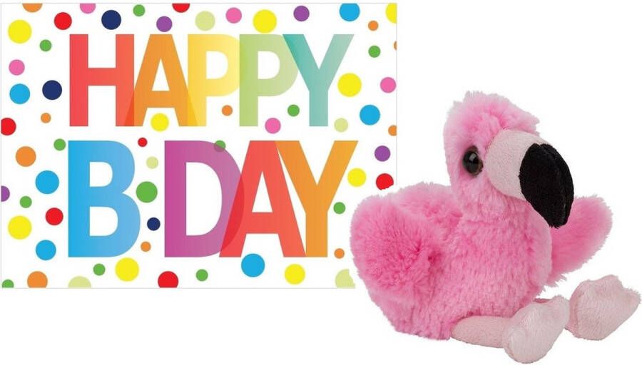 Nature planet Pluche knuffel flamingo 13 cm met A5-size Happy Birthday wenskaart Verjaardag cadeau setje Een knuffel sturen