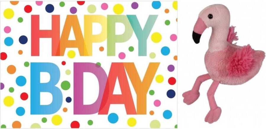 Nature planet Pluche knuffel flamingo 15 cm met A5-size Happy Birthday wenskaart Verjaardag cadeau setje Een knuffel sturen