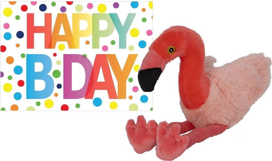 Nature planet Pluche knuffel flamingo 32 cm met A5-size Happy Birthday wenskaart Verjaardag cadeau setje Een knuffel sturen