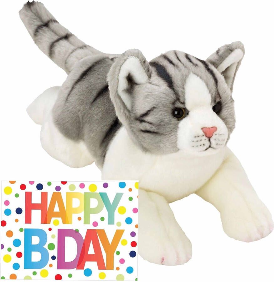 Nature planet Pluche knuffel grijs witte kat poes van 33 cm met A5-size Happy Birthday wenskaart Verjaardag cadeau setje