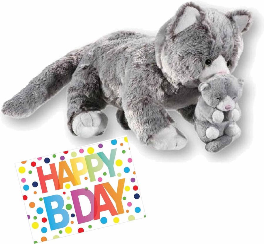 Nature planet Pluche knuffel kat poes grijs van 32 cm met A5-size Happy Birthday wenskaart Verjaardag cadeau setje