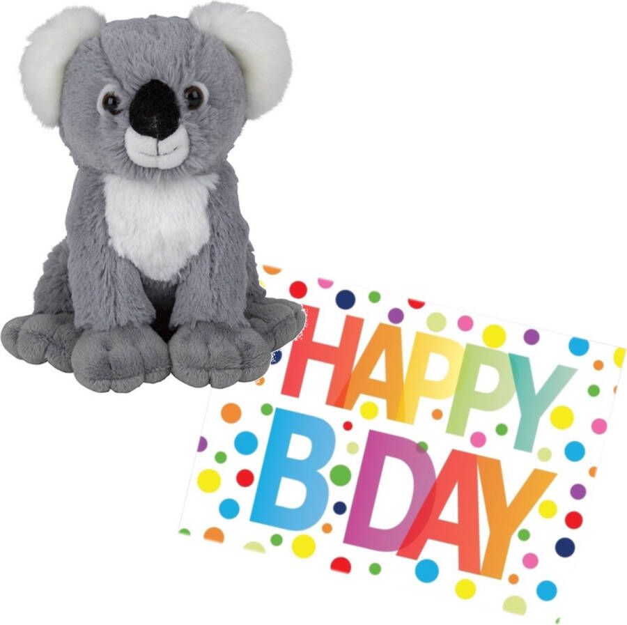 Nature planet Pluche knuffel koala beer 19 cm met A5-size Happy Birthday wenskaart Verjaardag cadeau setje