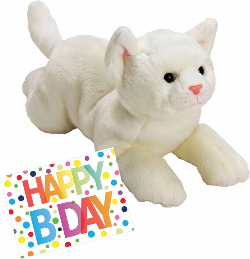 Nature planet Pluche knuffel witte kat poes van 33 cm met A5-size Happy Birthday wenskaart Verjaardag cadeau setje