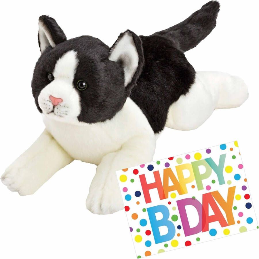 Nature planet Pluche knuffel zwart witte kat poes van 33 cm met A5-size Happy Birthday wenskaart Verjaardag cadeau setje
