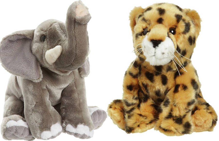 Nature Planet Zachte pluche knuffels 2x stuks Cheetah en Olifant van 18 cm Knuffeldier