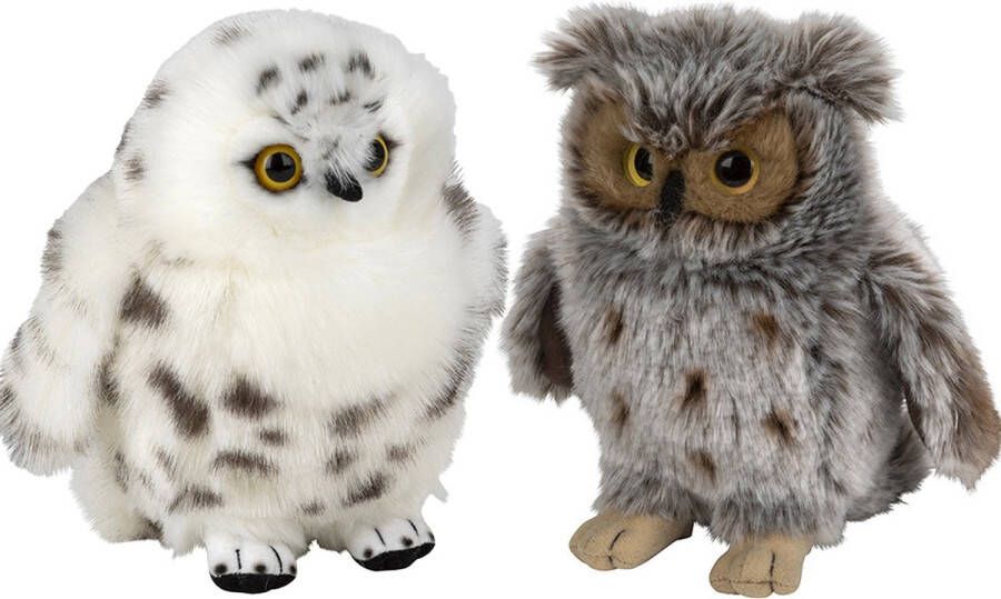 Nature Planet Uilen vogels zachte pluche knuffels 2x stuks Oehoe uil en Sneeuwuil van 18 cm Vogel knuffels