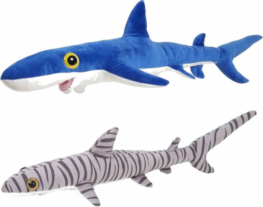 Nature planet Set van 2x pluche haaien knuffels van 60 cm Oceaan dieren vissen Blauwe haai en tijgerhaai