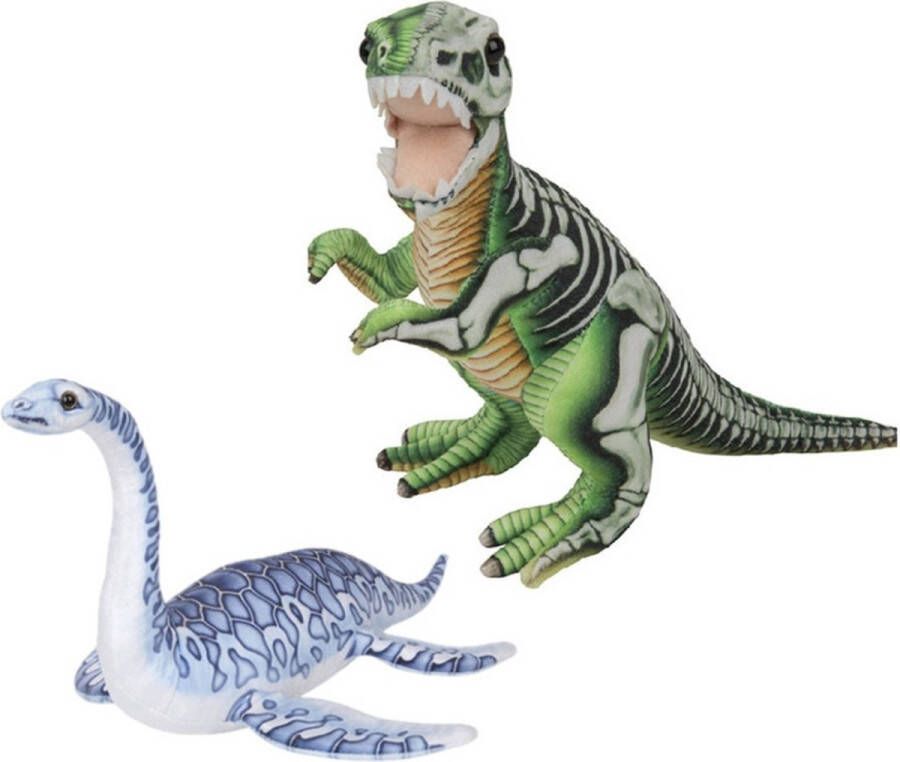 Nature Planet Speelgoed set van 2x pluche dino knuffels T-Rex en Plesiosaurus van 30 cm Knuffeldier