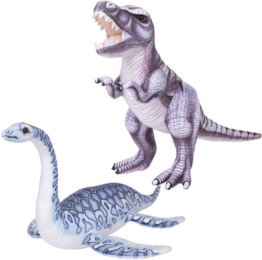 Nature Planet Speelgoed set van 2x pluche dino knuffels T-Rex en Plesiosaurus van 30 cm Knuffeldier