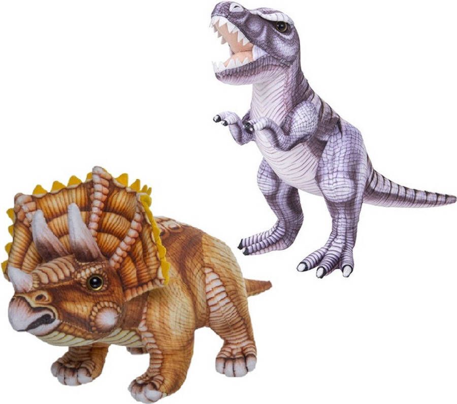 Nature Planet Speelgoed set van 2x pluche dino knuffels T-Rex en Triceratops van 30 cm Knuffeldier