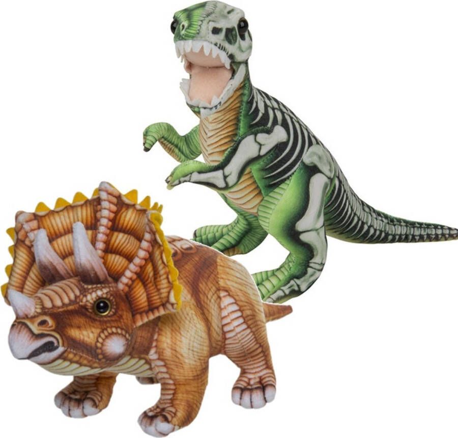 Nature Planet Speelgoed set van 2x pluche dino knuffels T-Rex en Triceratops van 30 cm Knuffeldier