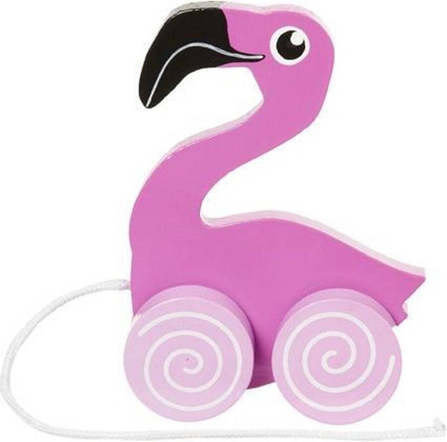 Nature planet speelgoed trekdiertje flamingo hout 13 cm roze