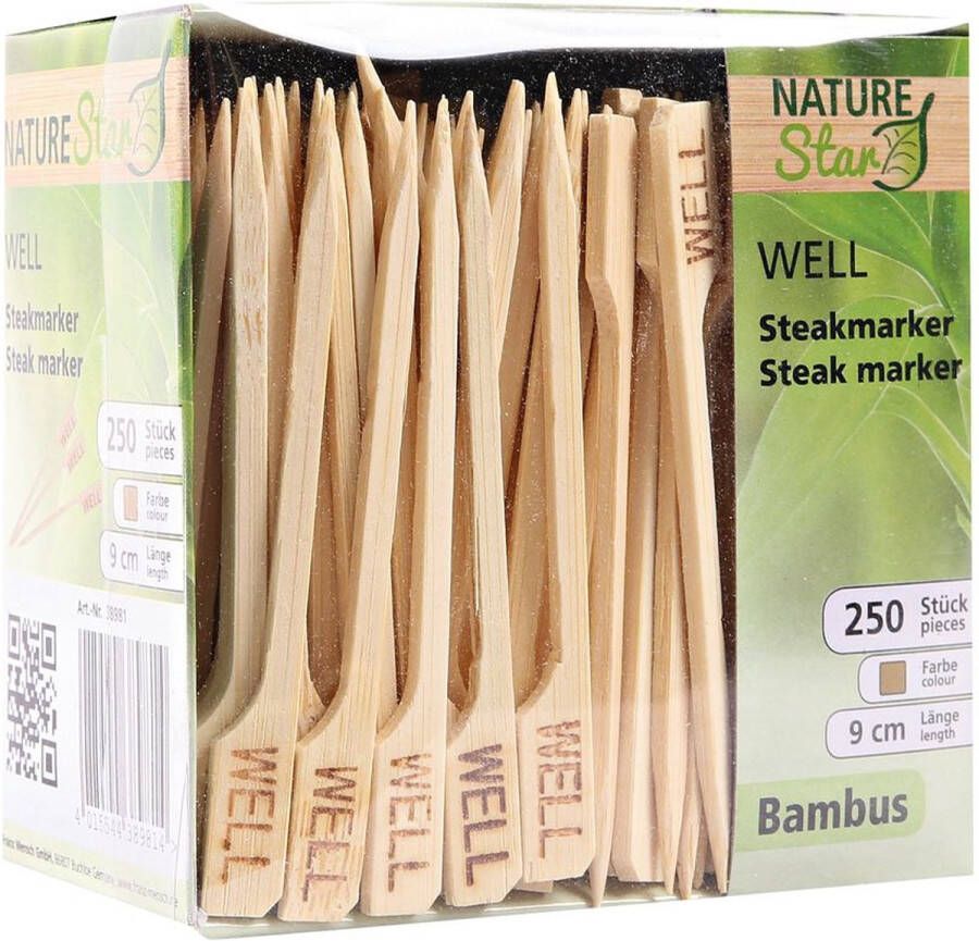 Nature Star 250 houten spiesjes prikkers 9 cm van bamboe met opdruk Well hapjes barbecue grill sate stokjes Vlees Steak marker wegwerp