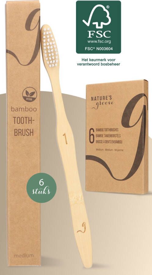 Nature's Groove NATURE S groove Bamboe Handtandenborstel Houten Tandenborstel Medium 6 Stuks Handmatig