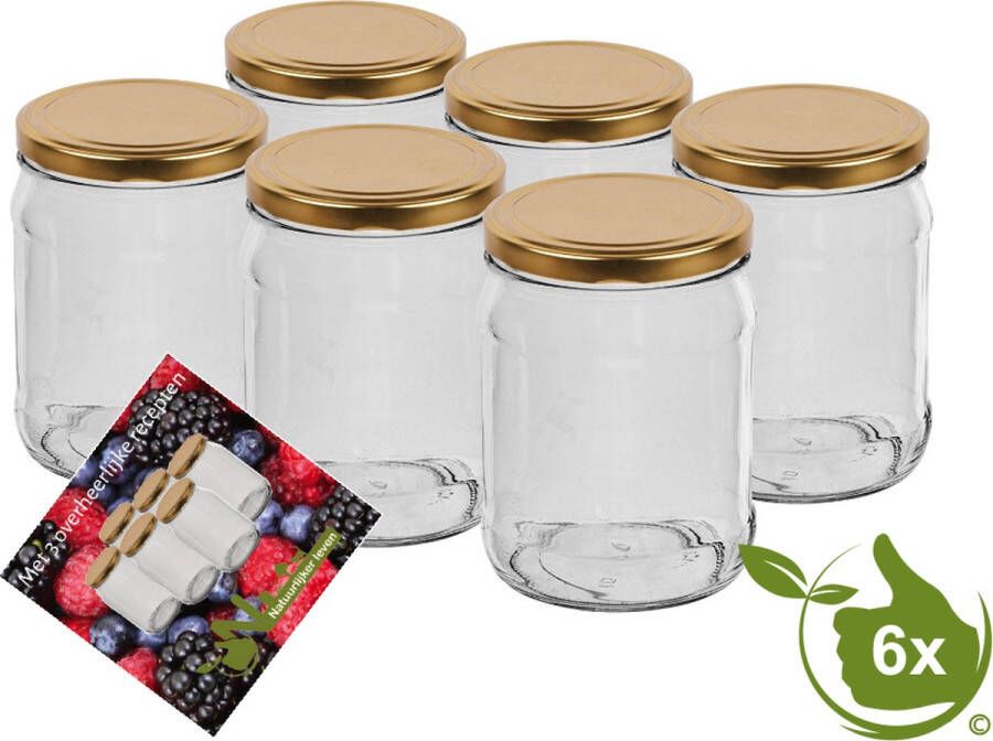 Natuurlijker leven Glazenpotten 500 ml inclusief 3 recepten verpakt per 6 stuks inmaakpotten gouden deksel 500ml