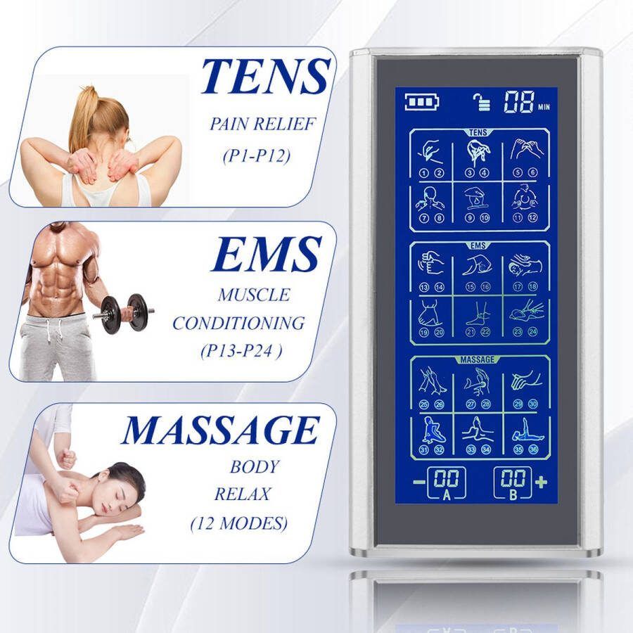 NatuurNook 3 in 1 Massage Apparaat TENS EMS Massage 36 Modi 20 Niveaus Intensiteit 2 Onafhankelijke Kanaal- Spierstimulator Machine Oplaadbare Elektrische Puls Masseur