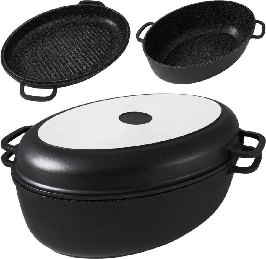 Nava Braadpan Graniet met Grillpan Deksel 2W1 FUNTZIO 8 l 39 5x26 5 cm Ovenschaal Braadslede