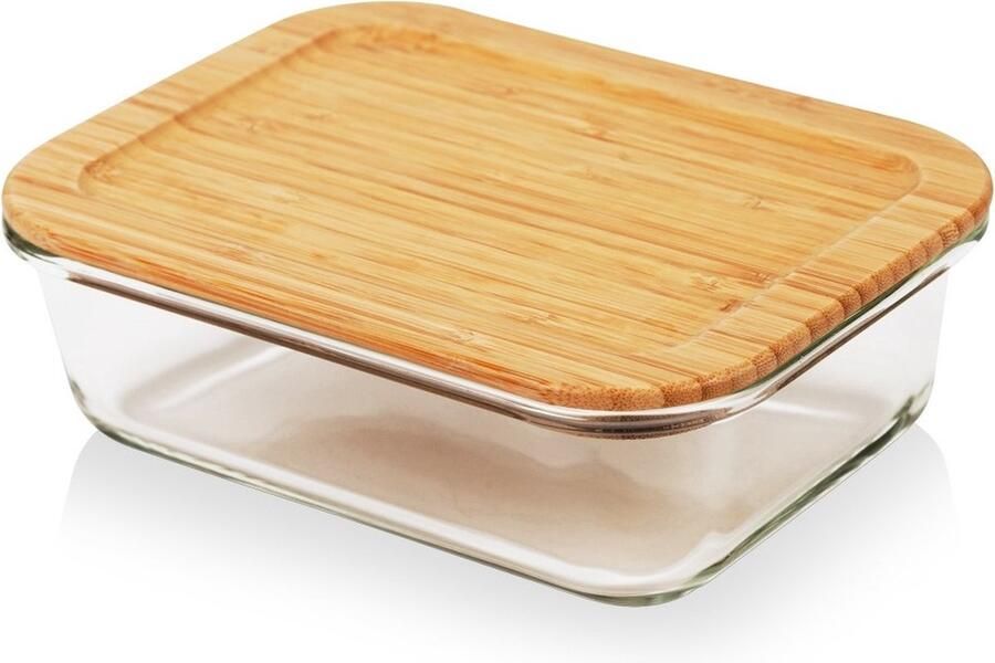 Nava Voedselcontainer Glas met Bamboe Deksel en Pakking Hittebestendig Schaal ARIZONA 1 l Vershoudbakjes Vershouddoos Bakjes Diepvriesbakjes Vershouden