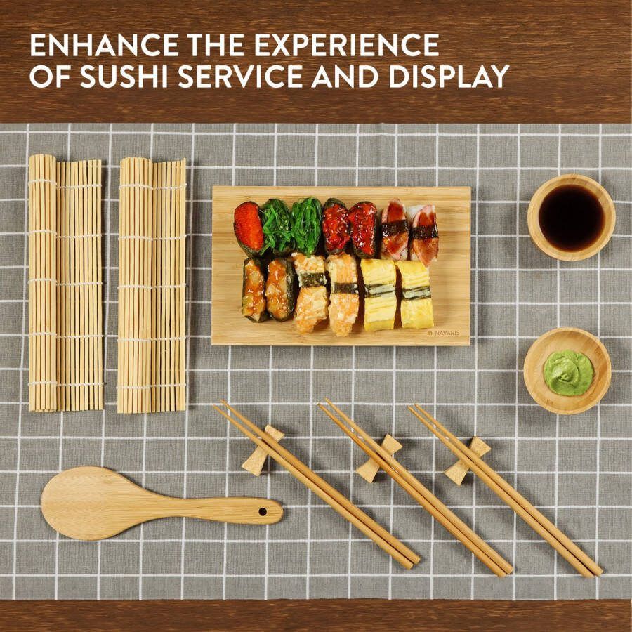 Navaris 16-delig deluxe sushi set- 2 sushi matten 5 chopsticks en houders 2 saus schaaltjes 1 opdien plateau 1 rijstlepel Bamboe