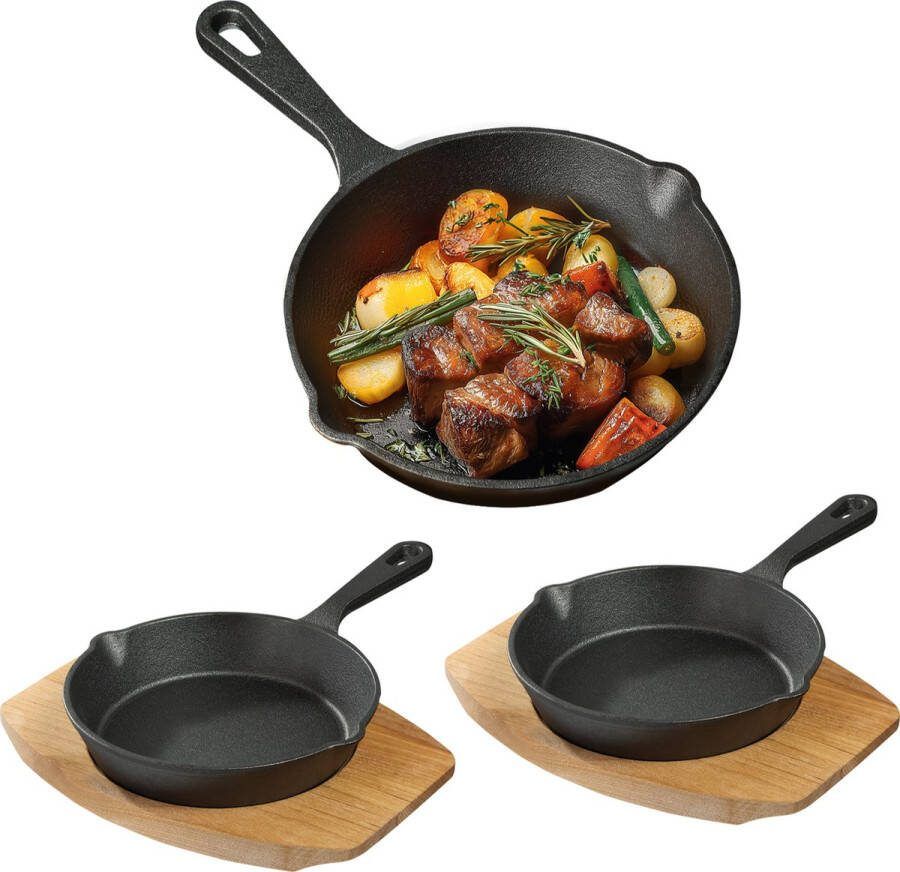 Navaris 2x mini gietijzeren koekenpan Ø 15 cm Pannen inclusief houten onderzetter 22 x 15 5 cm Pannenset vereenvoudigt het koken Ovenbestendig