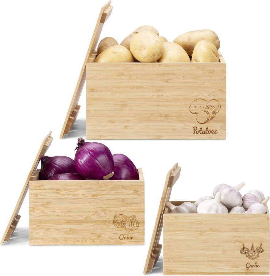 Navaris 3x houten kratten set Voor aardappels uien en knoflook Set 3 fruitkisten met deksel Van bamboe