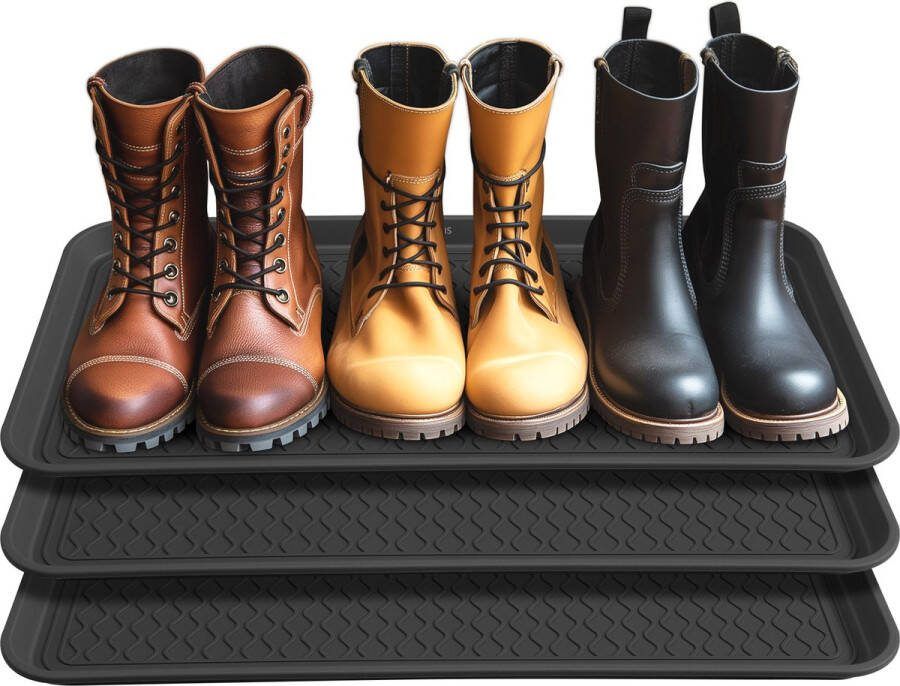Navaris 3x schoenlekbakken voor 5 paar schoenen Laarzen afdruipbakken met profiel 76 × 38 cm Als plantenschotel of voerbak onderzetter Zwart
