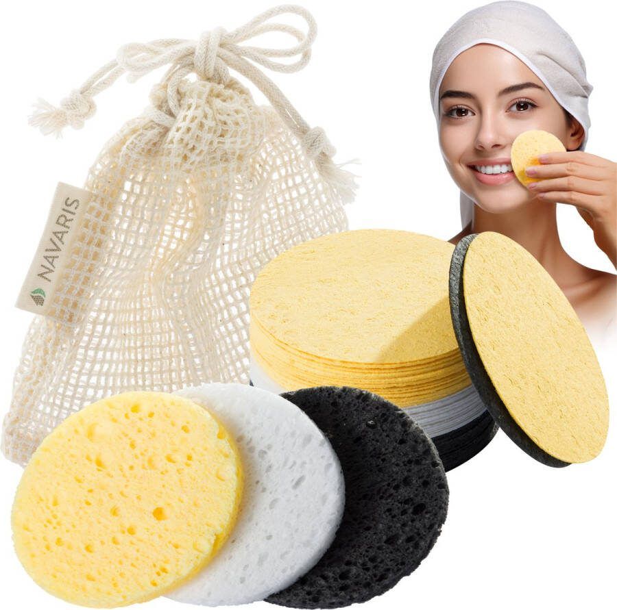 Navaris 50x herbruikbare gezichtsreiniging spons Set van 50 cellulose sponjses Inclusief mesh tasje In 3 kleuren