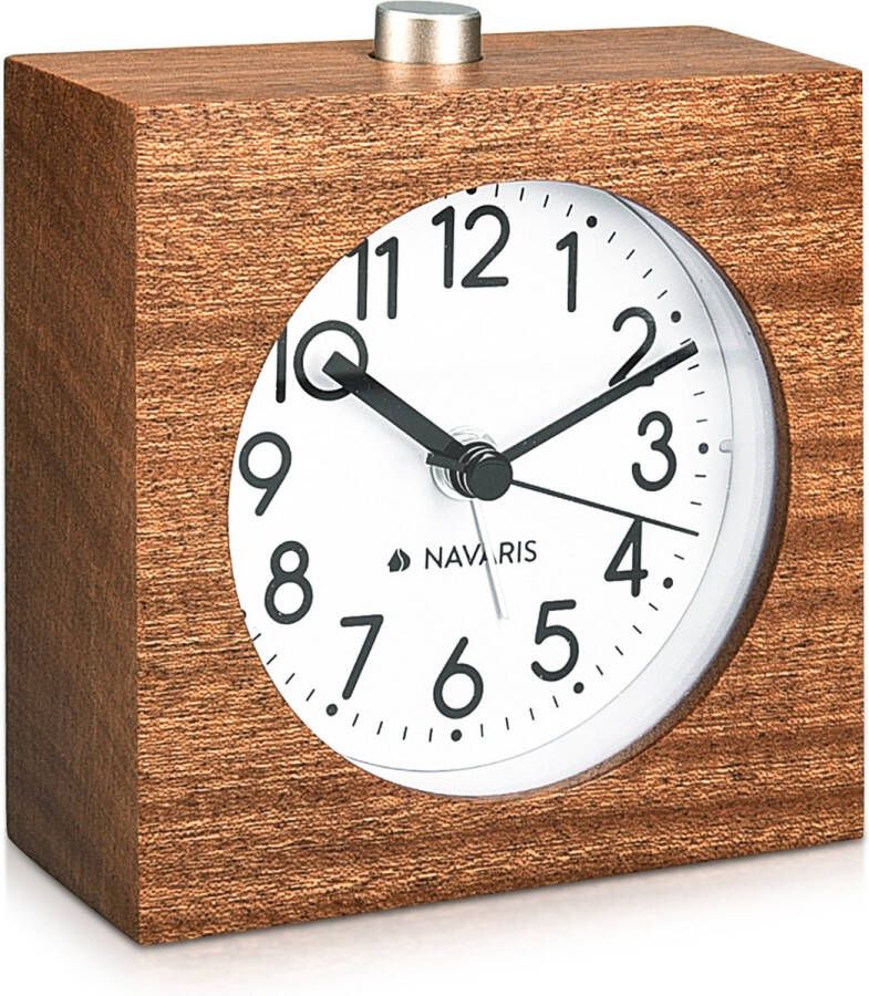 Navaris Analog Wooden Alarm Clock with Snooze Retro square design clock with dial alarm Quiet table clock without ticking Natural wood in dark brown