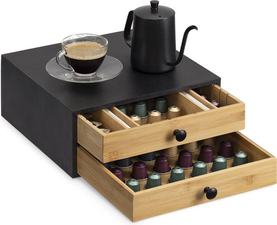 Navaris bamboe capsulehouder met lades 33 x 35 x 14 cm Koffiecups houder voor max. 72 cups Zwart