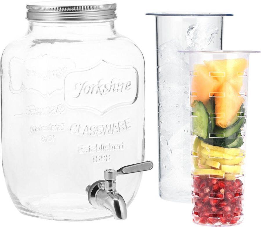 Navaris drankdispenser met kraantje 4 l RVS tapkraan en deksel Dispenser voor cocktails sap of water Limonadetap met fruit infuser en ijsinzet