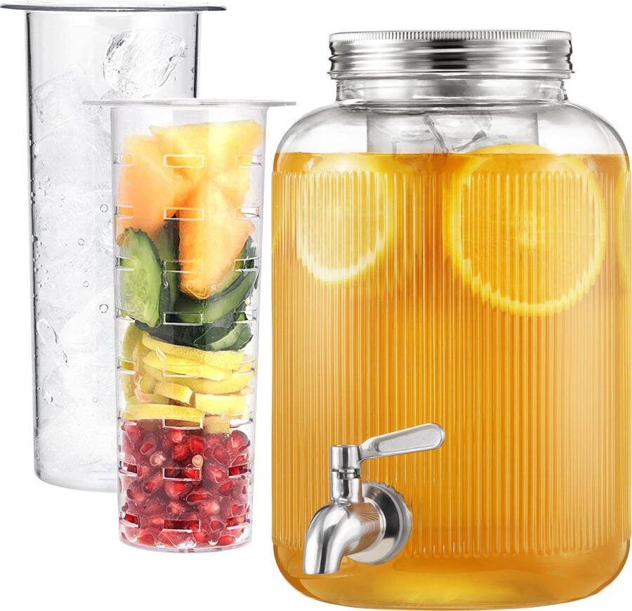 Navaris drankdispenser met kraantje 4 L RVS tapkraan en deksel Drank dispenser Limonadetap met fruit infuser en ijsinzet Geribbeld design