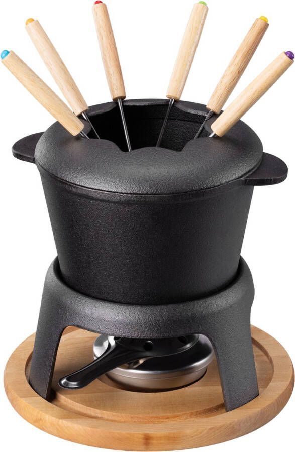 Navaris gietijzeren fondue set ⌀21 cm Met 6 fonduevorken en brander Voor kaasfondue chocoladefondue en raclette Gietijzer RVS en hout