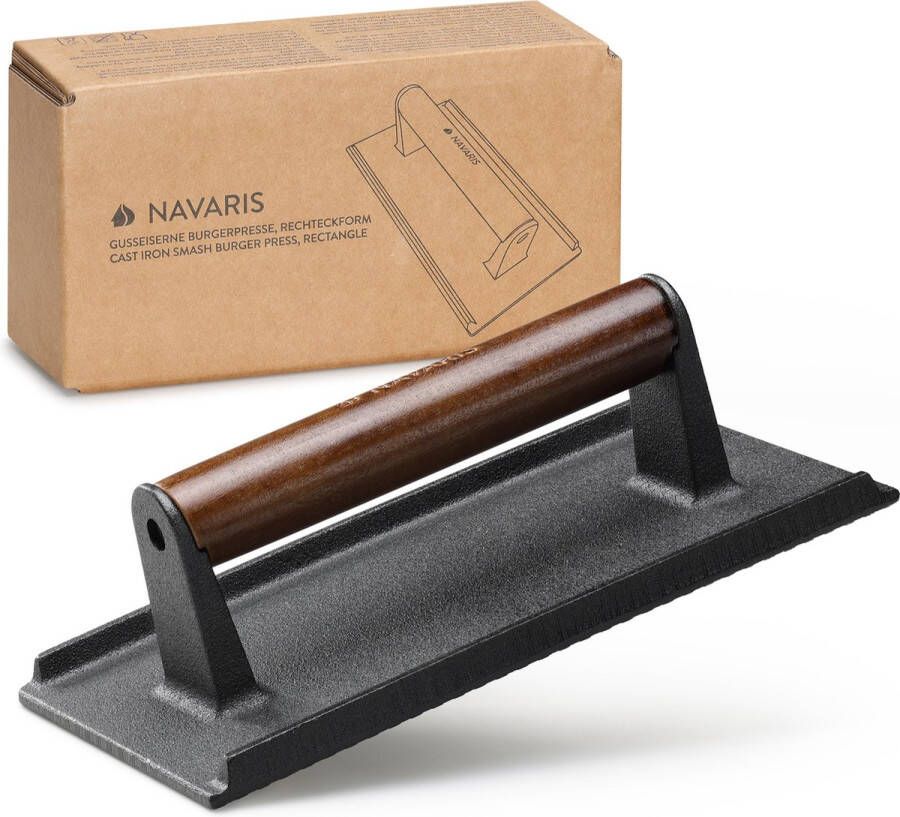 Navaris gietijzeren hamburger burger press Rechthoekig met geribbelde onderkant Snellere kooktijd 1 0 kg Zwart met donkerbruin handvat