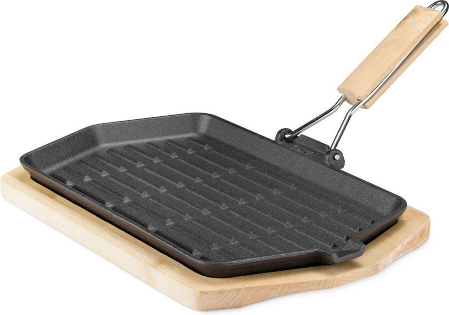 Navaris gietijzeren pan met inklapbaar handvat Braadpan voor fajitas Met houten onderzetter Geschikt voor alle warmtebronnen