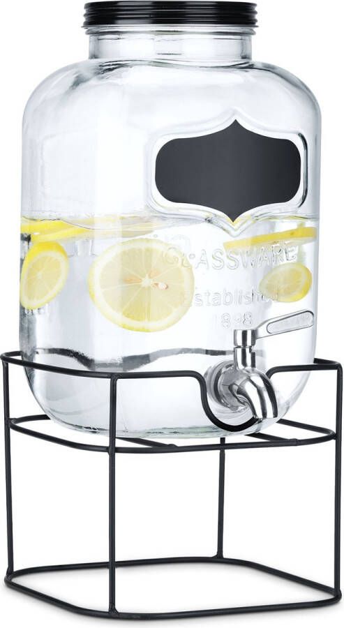 Navaris glazen limonadetap met kraantje 5L Drankdispenser met metalen standaard Sapdispenser Voor koude dranken