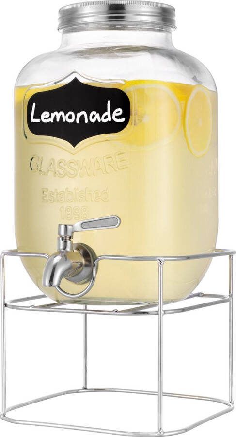 Navaris glazen limonadetap met kraantje 5L Drankdispenser met zilverkleurige metalen standaard Sapdispenser Voor koude dranken