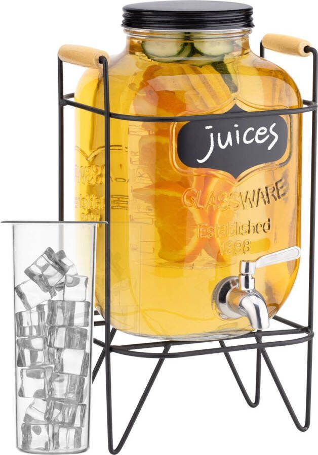 Navaris glazen limonadetap met kraantje Drankdispenser met metalen standaard Met Ijs en fruit infuser Sapdispenser 5L 43 x 26 5 x 24 cm