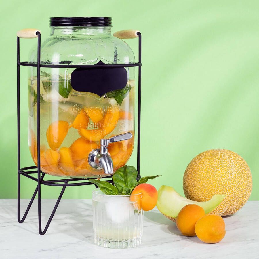 Navaris glazen limonadetap met kraantje Drankdispenser met metalen standaard Sapdispenser Voor koude dranken 5L Ø17 x 27 cm Voor feestjes