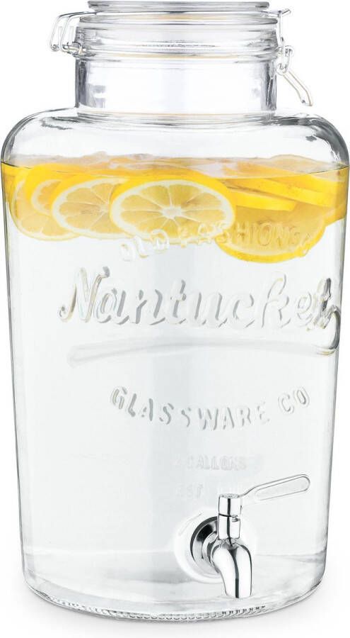 Navaris glazen limonadetap met kraantje Drankdispenser met RVS tap Sapdispenser Voor koude dranken 8L Ø19 x 36 cm Voor feestjes