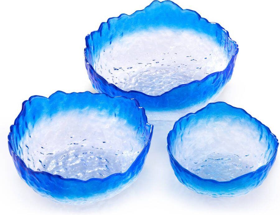 Navaris glazen serveerschalen set van 3 Schaaltjes in 3 maten Ronde kommen ter decoratie Als fruitschaal dessert schaal of salade kom Blauw