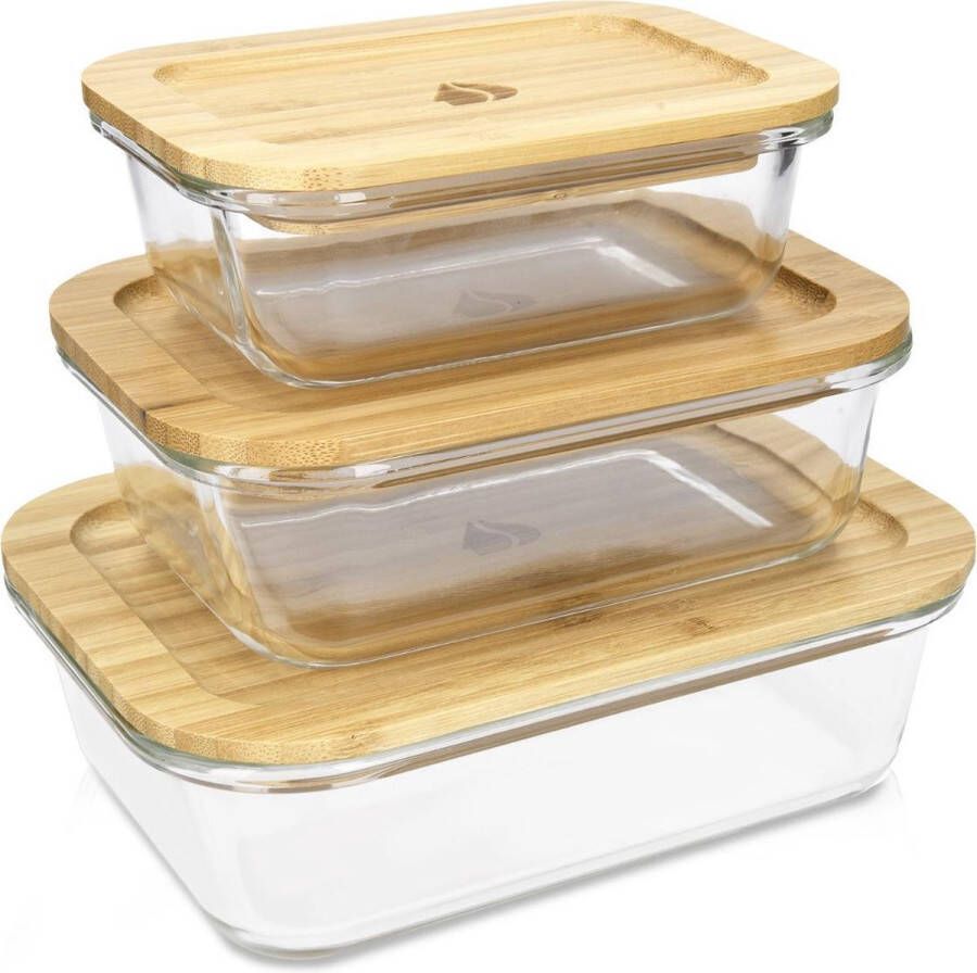 Navaris glazen vershoudbakjes Set van 3 Meal Prep bakjes met bamboe deksel 3x vershouddoos van glas Bakjes in 3 maten