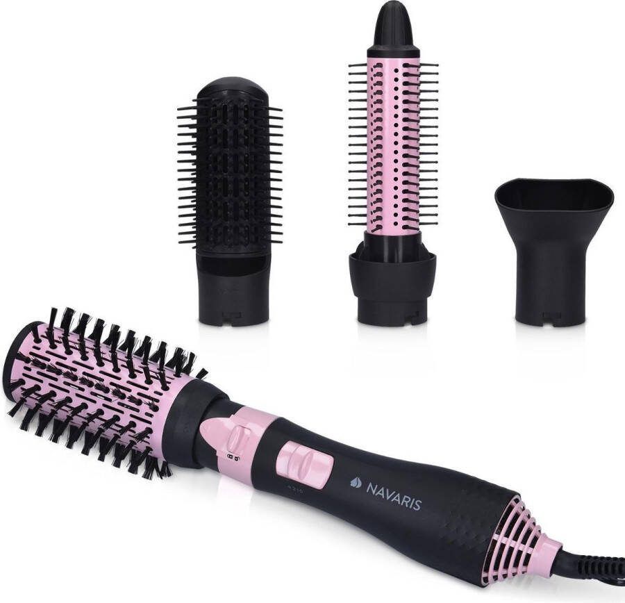 Navaris hot air styling haarborstel Ronde warmeluchtborstel Met intrekbare borstelharen 4 opzetstukken Zwart roze
